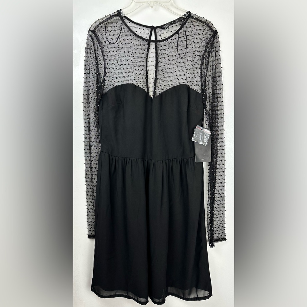 Zara Trafaluc Black Sheer Mesh Polka Dot Long Sleeve Dress S NWT Party Holiday